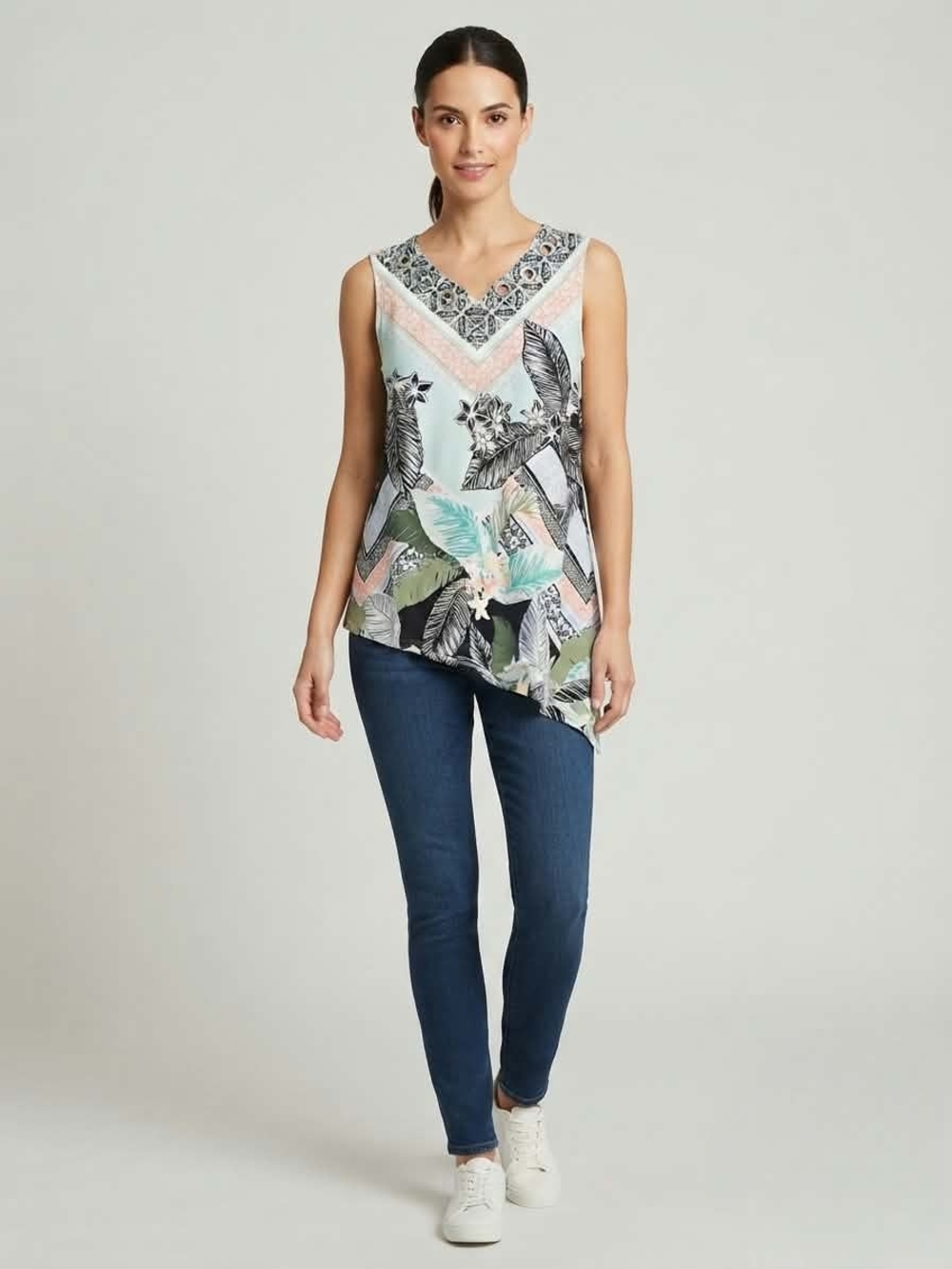 New Directions Tropical Asymmetrical Sleeveless Top Size S